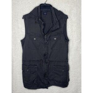 JAG Jean Hooded Field Vest Womens M Gray Drawstring Waist Zip Snap 4 Pocket Coat